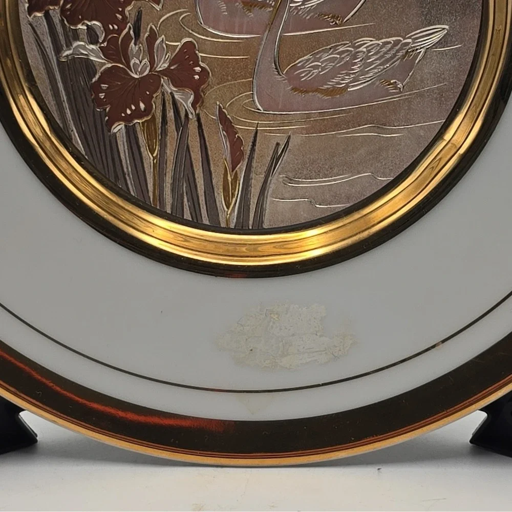 Japanese Collector Plate - Swan & Iris Floral Birds - 24KT Gold - Round